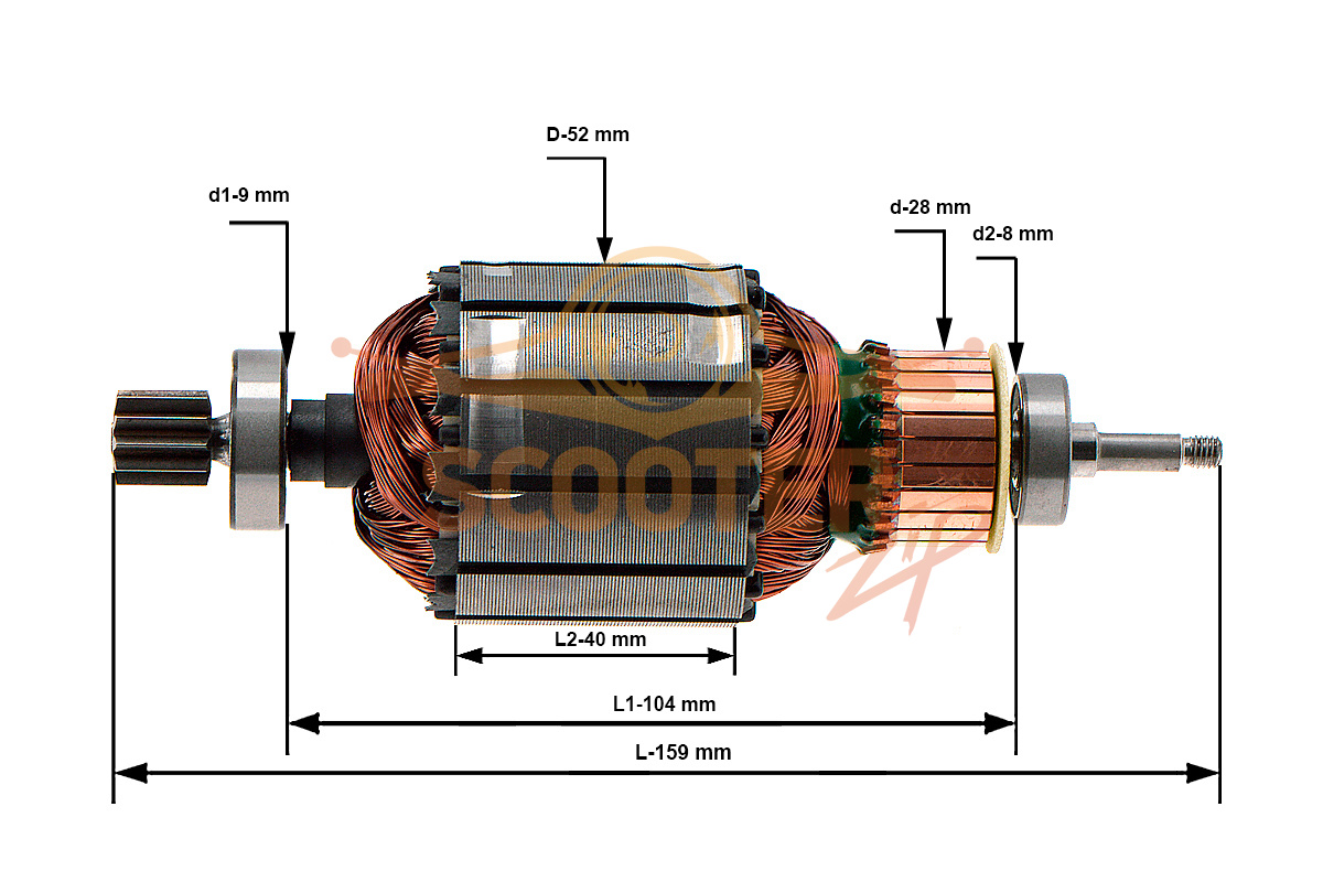 Ротор (Якорь) для мойки высокого давления ИНТЕРСКОЛ АМ-150/2000 (L-159 мм, D-52 мм), 639.01.02.11.00