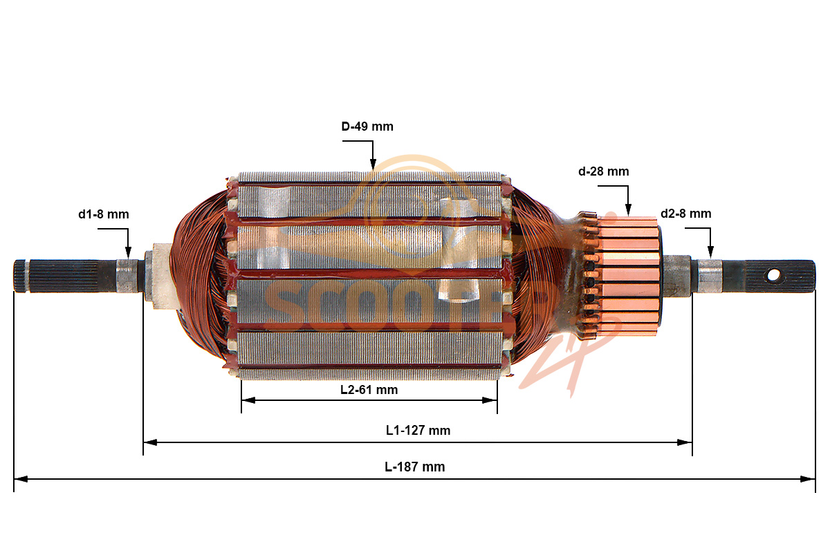 Ротор (Якорь) для электрокосы (триммера) ИНТЕРСКОЛ КРЭ-23/1000, МКЭ-35/1000 (L-187 мм, D-49 мм), 79.04.02.01.00