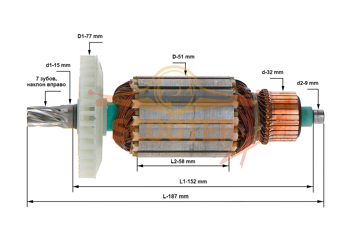 Ротор (Якорь) (L-187 мм, D-51 мм, 7 зубов, наклон вправо) ИНТЕРСКОЛ ДП-1900 (аналог 37.04.02.00.00), 889-1197