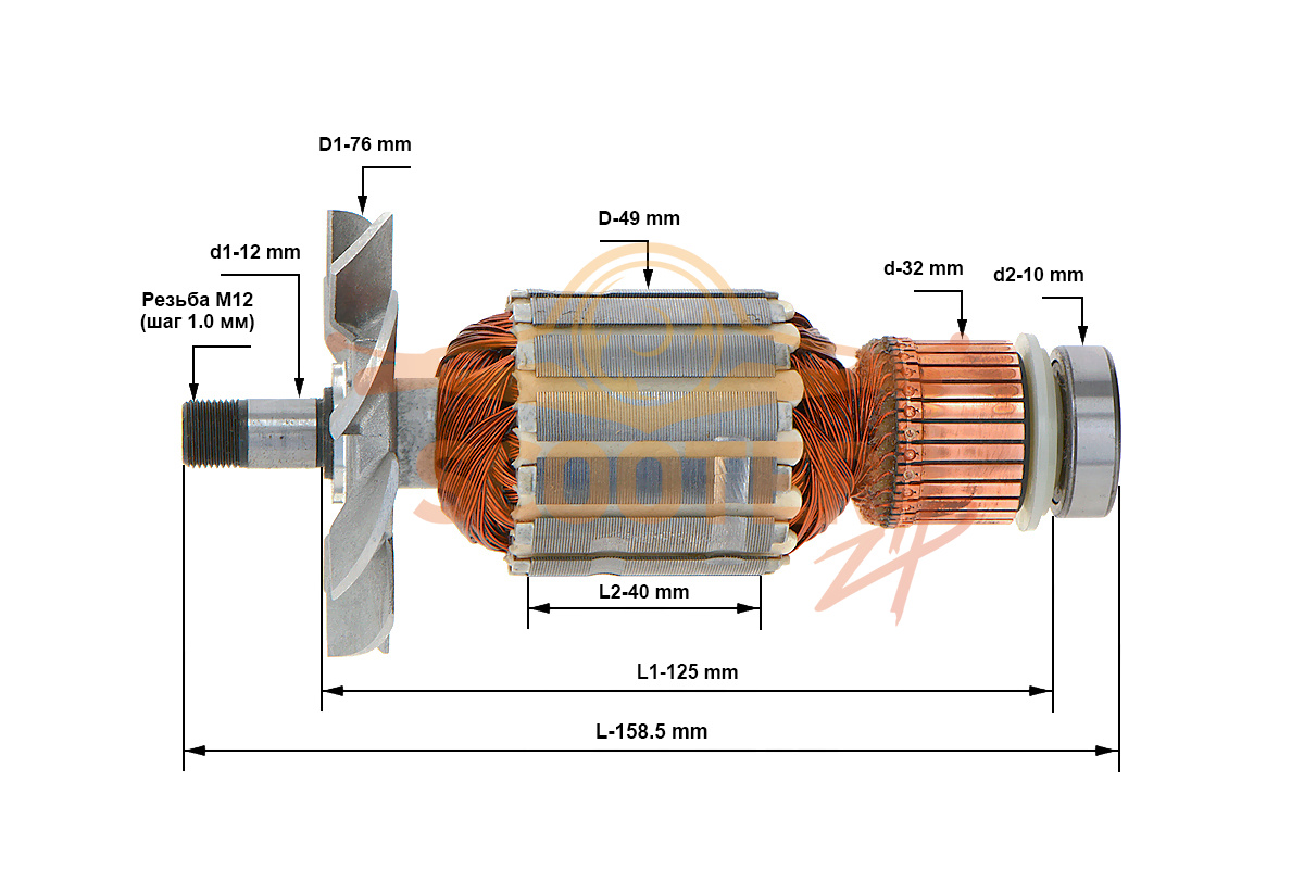 Ротор (Якорь) для фрезера MAKITA 3601B (L-158.5 мм, D-49 мм, резьба М12 (шаг 1.0 мм)) ОРИГИНАЛ, 513304-6