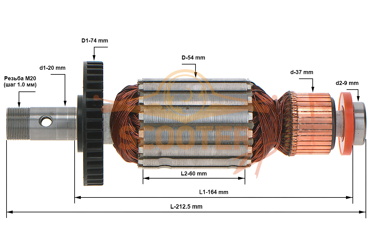 Ротор (Якорь) MAKITA для фрезера 3612C (L-211.5 мм, D-54 мм, резьба М20 (шаг 1.0 мм)) ОРИГИНАЛ, 516508-9