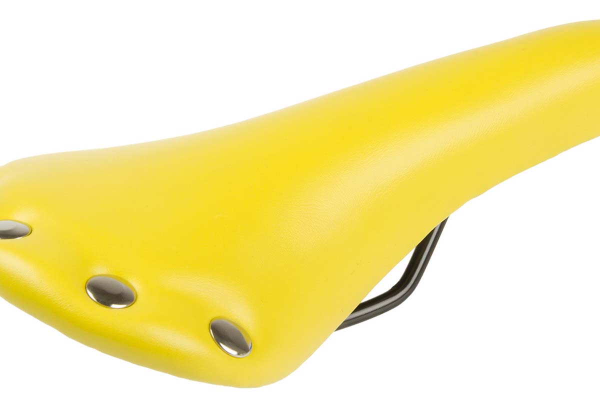 Седло велосипедное, универсальное 278х153мм специальный наполнитель, ретро-дизайн, под кожу с 6 заклепками 297г. желтое VENTURA RIVET, 5-251046